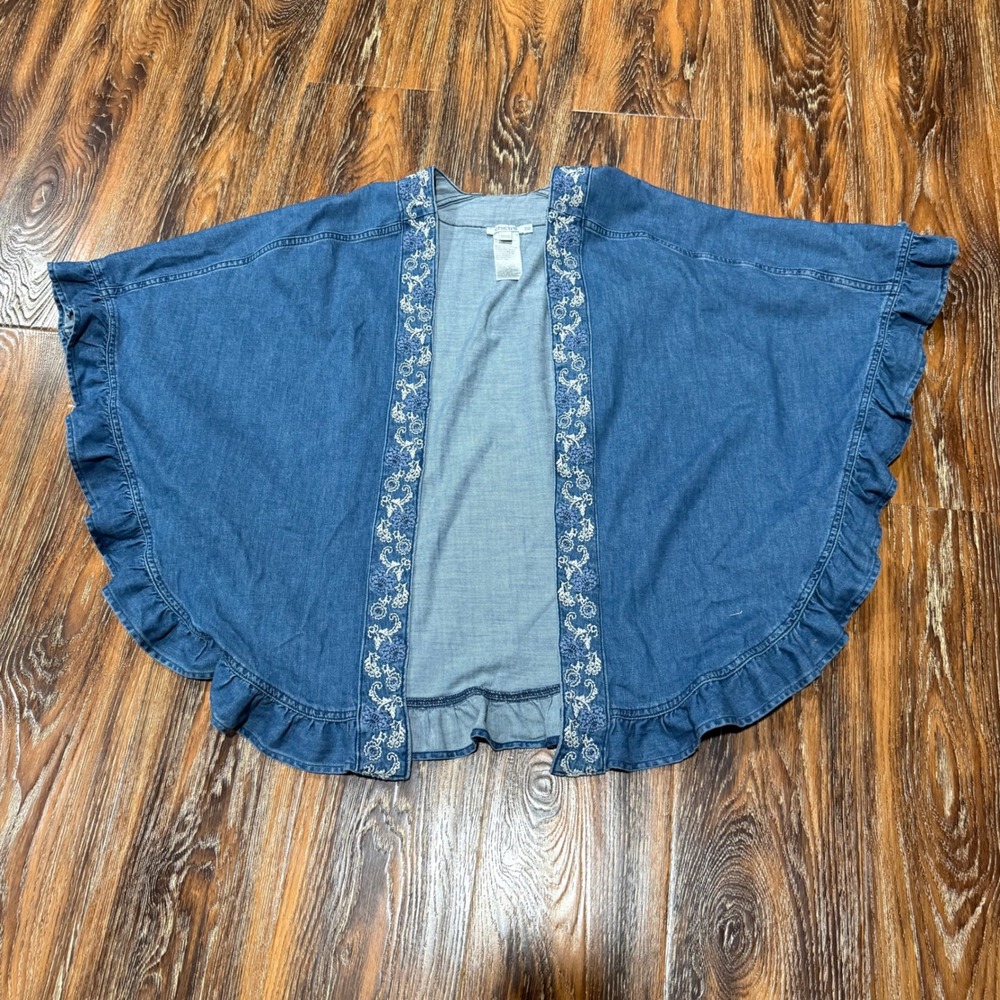 Chico's One Size Denim Poncho Women Blue Embroidered Ruffle Trim Open Front Wrap